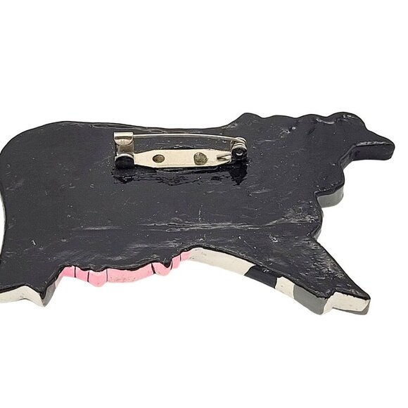 Hand-Painted Wooden Cow Brooch Pin Glossy Black & White with Red Glasses 3" - Picture 5 of 6